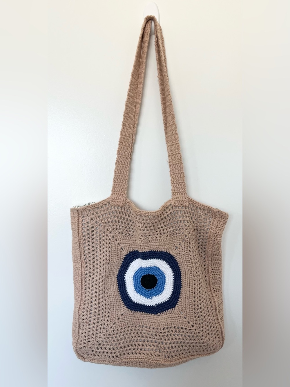 Handmade Crochet Evil Eye Tote Bag Boho Knit Shoulder Handbag Beige Cotton Nazar